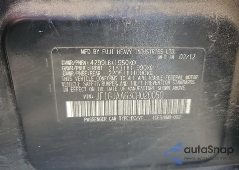 2012 Subaru Impreza from USA, damaged, VIN JF1GJAA63CH020050
